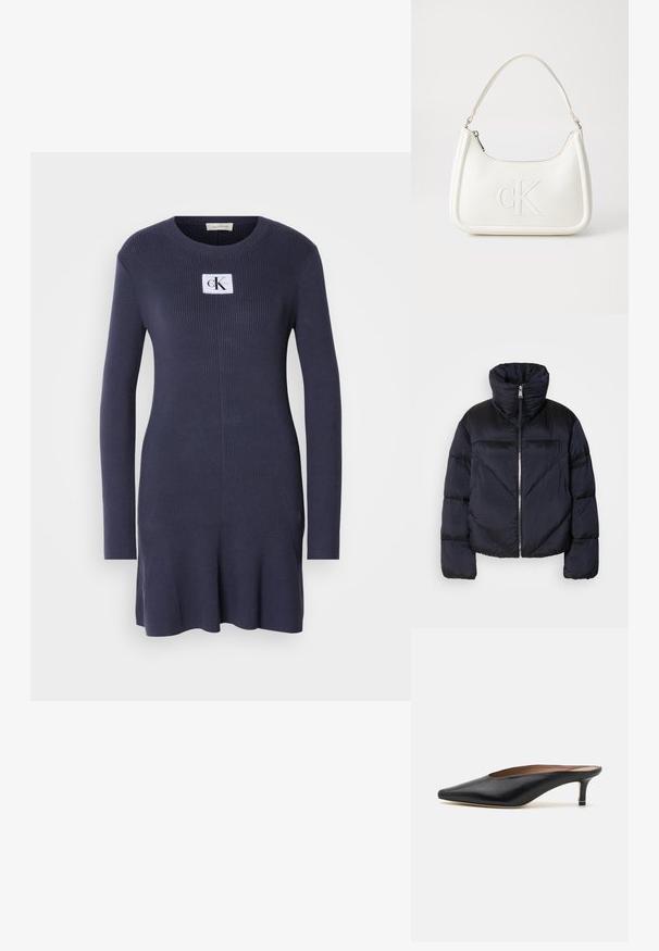 Φουσκωτό μπουφάν σε σκούρο ναυτικό μπλε με ψηλό γιακά, διαθέτει μεταλλικό φερμουάρ και διαγώνιες ραφές. Κατασκευασμένο από ελαφρύ, γυαλιστερό ύφασμα.; Ναυτικό πλέ knitted φόρεμα με μακριά μανίκια και φουντωτή κρόσια. Διαθέτει λευκή ετικέτα με το λογότυπο "CK" στο στήθος. Μαλακή υφή.; Μαύρες δερμάτινες μπαλαρίνες με αιχμηρή μύτη και χαμηλό, τετράγωνο τακούνι. Λείος υφασμάτινος σχεδιασμός. Ανοιχτή πλάτη με μινιμαλιστική διακόσμηση.; Λευκή δερμάτινη τσάντα χειρός με καμπυλωτό σχήμα, διαθέτει ανάγλυφο λογότυπο "CK" μπροστά και μία ενιαία λαβή ώμου. Κλείσιμο με φερμουάρ στην κορυφή.