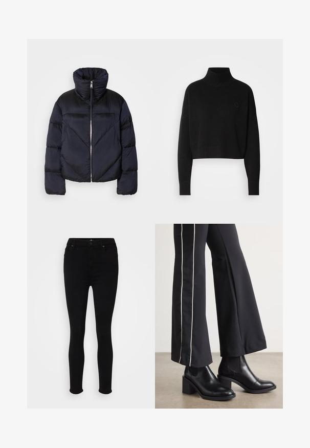 Tumši jūraszila pūkainā jaka ar augstu apkakli, ar metāla rāvējslēdzēju un diagonālām šuvēm. Izgatavota no viegla, spīdīga auduma.; Melnā īsā džemperī, ribotā augsto apkakli, garajām piedurknēm, adīta tekstūra, ar mazu logo uz krūšu.; Melnas šauras džinsi ar gludu, elastīgu audumu, piedāvājot klasisku piecu kabatu dizainu un smalkus šuves detalizējumus.; Melnas ādas potīšu zābaki ar blokveida papēdi, aprīkoti ar elastīgām sānu paneļiem. Kombinēti ar melniem biksēm, kuru sānos ir baltas svītras.