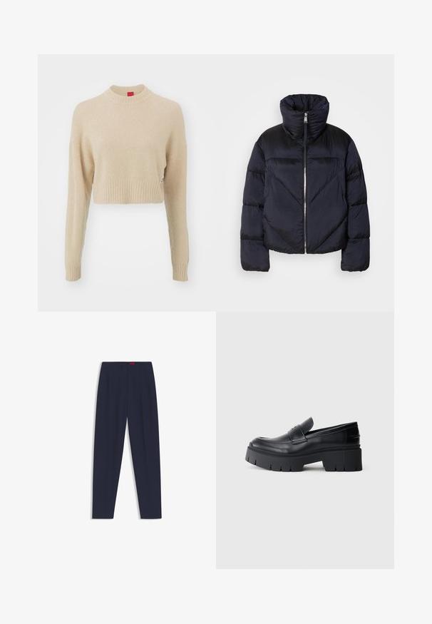 Pufferjack in donker marineblauw met hoge kraag, voorzien van een metallic rits en diagonale naaddetails. Gemaakt van een lichte, glanzende stof.; HUGO SELLEN - Trui - open beige; Middengrijze op maat gemaakte broek met een gladde textuur, voorzien van voorplooien en zijzakken. Recht model en geen zichtbare versieringen.; Zwarte chunky platform loafers met een soepel leren bovenwerk, decoratieve band en dikke gestructureerde zool op een witte achtergrond.
