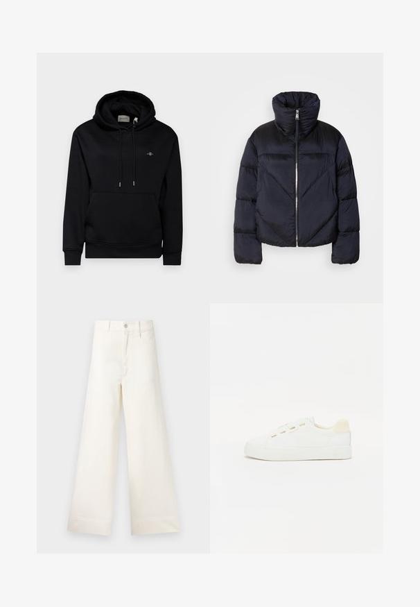 Puffer jacket in dark navy with high collar, featuring a metallic zipper and diagonal seam detailing. Made from lightweight, shiny fabric.; Black hoodie with a front pocket, drawstrings, and soft fabric. Features a small embroidered logo on the chest and ribbed cuffs.; Wide-leg trousers in light beige cotton. Features a high waist, front pockets, and a straight cut. Clean hem finishing without patterns.; White sneaker with a canvas upper, round toe, and flat rubber sole. Features gold eyelets and a light beige heel accent.