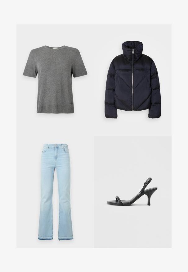 Puffjakke i mørk marineblå med høy krage, med metallglidelås og diagonale sømdetaljer. Laget av lett, glinsende stoff.; Grå T-skjorte med korte ermer laget av mykt stoff. Rund hals, ledig passform, med en subtil logo ved kanten. Jevn tekstur over hele.; Lyseblå flagrende jeans laget av denim, med høy midje, frontlommer og rå kant ved mansjettene for et uformelt utseende.; Sorte skinnhøye hæler med en slank, buet hæl og et kryssrem-design. Justerbar ankelrem. Glatt tekstur.