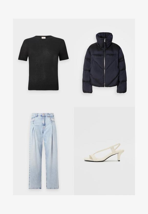 Jachetă puffer în navy închis cu guler înalt, având un fermoar metalic și detalii cu cusături diagonale. Fabricată dintr-un material ușor și lucios.; Tricou negru cu mânecă scurtă, confecționat dintr-un material ușor și texturat. Guler rotund cu un finisaj subtil cu nervuri la mâneci și la tiv.; Jeans din denim albastru deschis cu talie înaltă, croială evazată, două buzunare laterale și un design pliat. Textură moale cu un finisaj decolorat.; Sandale bej cu toc bloc, cu bretele subțiri și vârf pătrat. Material neted cu detalii minime, concepute pentru a fi ușor de purtat.