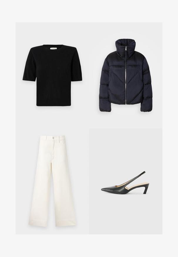 Puffer jacket in dark navy with high collar, featuring a metallic zipper and diagonal seam detailing. Made from lightweight, shiny fabric.; Black short-sleeve knit top with a round neckline and ribbed cuffs. Features a relaxed boxy fit and soft texture. Label visible inside.; Wide-leg trousers in light beige cotton. Features a high waist, front pockets, and a straight cut. Clean hem finishing without patterns.; Black pointy-toed slingback shoe with a low heel, featuring smooth leather material and cut-out design on the side for breathability.
