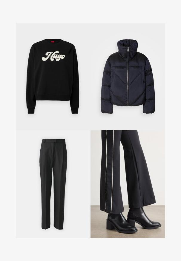 Chaqueta bombona en un azul marino oscuro con cuello alto, que presenta un cierre metálico y detalles de costura en diagonal. Fabricada con un tejido ligero y brillante.; Sudadera negra hecha de un tejido suave, con un gran logo blanco de "Hugo" en una fuente curvada. Cuello, puños y dobladillo acanalados. Corte clásico.; Pantalones negros ajustados hechos de tejido ligero, con un corte recto, frente plano y trabillas para cinturón. Textura suave sin patrones visibles.; Botines de cuero negro con tacón cuadrado, con paneles laterales elásticos. Combinados con pantalones negros que tienen una franja blanca lateral.