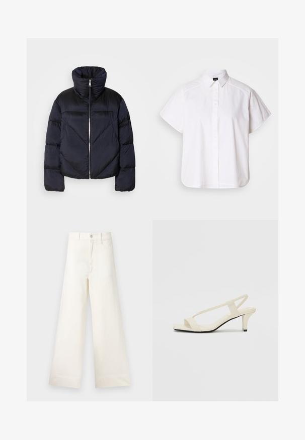 Puffervest i mørk navy med høj krave, prydet med en metallisk lynlås og skrå sømdetaljer. Lavet af let, skinnende stof.; Hvid kortærmet skjorte med knaplukning, spidse kraver og buet nederste kant. Lavet af bomuld med en glat struktur og uden synlige mønstre.; Bredde benbukser i lys beige bomuld. Har høj talje, for- og baglommer samt lige pasform. Renset kantafslutning uden mønstre.; Beige blokhælede sandaler med tynde remme og en firkantet tå. Glat materiale med minimal detaljering, designet til nem brug.