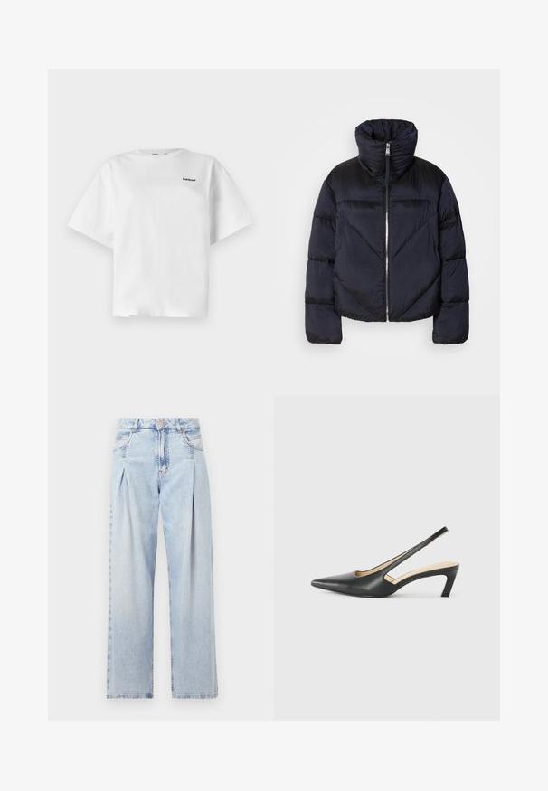 Tumedast meresinine puhvärk jacket kõrge kaelusega, millel on metalne tõmblukk ja diagonaalsed õmblused. Valmistatud kergest ja läikivast kangast.; Valge puuvillane t-särk lühikeste varrukatega, millel on mugav lõige ja must "Barbour" logo vasakul ees.; Heledad sinise denimist valmistatud teksapüksid kõrge vöökohaga, laia jala lõikega, kahe külje taskuga ja pleedi disainiga. Pehme tekstuur ja pleekinud viimistlus.; Must mustaga, terav varvas, madala kontsaga sildiga king, mis on valmistatud siledast nahast ja mille küljel on lõike disain hingavuse tagamiseks.