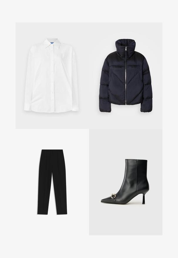 Puffer jacket in dark navy with high collar, featuring a metallic zipper and diagonal seam detailing. Made from lightweight, shiny fabric.; White button-up shirt with a classic collar, long sleeves, and a subtle tonal pattern throughout. Smooth cotton fabric with a relaxed fit.; Black trousers with a straight fit, featuring double pleats, a smooth texture, and a classic waistband design. No visible hardware or accents.; Black leather ankle boot with pointed toe, slim mid-height heel, and silver buckle detail on side against plain background.