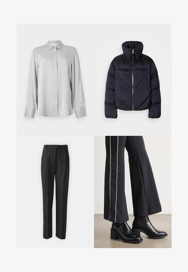 Casaco tipo puffer em azul marinho escuro com colarinho alto, apresentando um fecho metálico e detalhes de costura diagonal. Feito de um tecido leve e brilhante.; Camisa de manga longa cinza claro com colarinho estruturado e fecho frontal com botões. Feita de um tecido suave, com um corte descontraído e mangas longas.; Calças pretas de corte ajustado, feitas de um tecido leve, com corte reto, frente lisa e passantes para cinto. Textura suave sem padrões visíveis.; Botas de tornozelo em couro preto com um salto bloco, apresentando painéis laterais elásticos. Combinadas com calças pretas que têm uma faixa lateral branca.