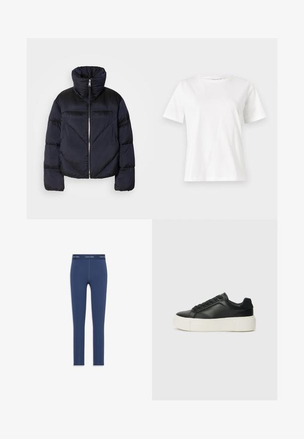 Puffjakke i mørk marineblå med høy krage, med metallglidelås og diagonale sømdetaljer. Laget av lett, glinsende stoff.; Hvit bomull t-skjorte med korte ermer, rund hals og avslappet passform. Glatt tekstur, ingen mønstre eller detaljer, minimalistisk design.; Mørkeblå leggings laget av elastisk materiale, med en glatt tekstur og en elastisk midjebånd med Calvin Klein-logoen trykt.; Sorte lær sneakers med rund tå, hvit plattformsåle og svarte snøring. Har en subtil logo på hælen og jevn tekstur.