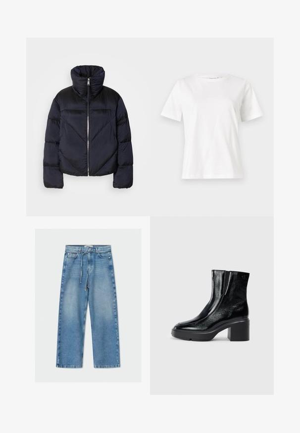 Puffermantel in dunkelblau mit hohem Kragen, ausgestattet mit einem glänzenden Reißverschluss und diagonalen Nahtdetails. Hergestellt aus leichtem, glänzendem Stoff.; Weißes Baumwoll-T-Shirt mit kurzen Ärmeln, Rundhalsausschnitt und lockerer Passform. Glatte Textur, keine Muster oder Akzente, minimalistisches Design.; Hellblaue Denim-Jeans im weit geschnittenen Stil mit hoher Taille, Kordelzug, fünf Taschen und rohem Saumdetail.; Schwarze Lackleder-Stiefeletten mit einer geschwungenen Zehenpartie, elastischen Seiteneinsätzen und einem klobigen Blockabsatz. Mit geprägtem Logo auf der Rückseite.