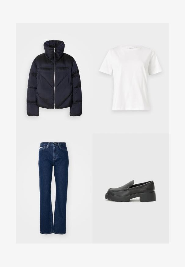 Casaco tipo puffer em azul marinho escuro com colarinho alto, apresentando um fecho metálico e detalhes de costura diagonal. Feito de um tecido leve e brilhante.; T-shirt de algodão branco com mangas curtas, decote redondo e um corte descontraído. Textura suave, sem padrões ou detalhes, design minimalista.; Calças de ganga azul-escuras com pernas retas, fecho de botão e cinco bolsos. O tecido tem uma ligeira textura com subtis detalhes de costura.; Mocassins de couro preto com bico arredondado, sola espessa e texturizada, e detalhes de costura minimalistas. Design elegante sem atacadores ou ferragens visíveis.