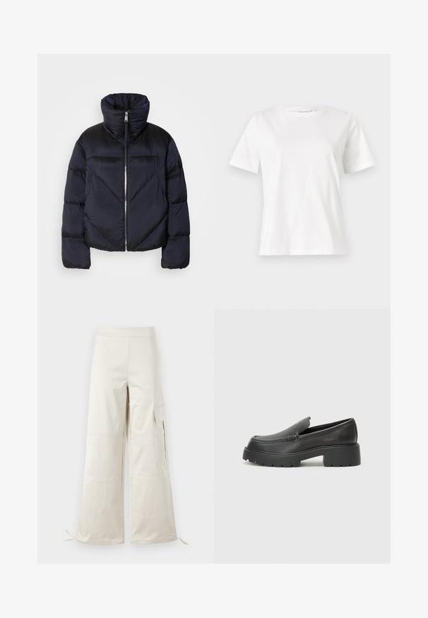 Jachetă puffer în navy închis cu guler înalt, având un fermoar metalic și detalii cu cusături diagonale. Fabricată dintr-un material ușor și lucios.; Tricou alb din bumbac cu mâneci scurte, guler rotund și o croială relaxată. Textură netedă, fără imprimeuri sau accente, design minimalist.; Pantaloni bej cu picioare largi, confecționați din material ușor, cu buzunare tip cargo și șnururi ajustabile la tiv pentru o ajustare personalizată.; Mocasini din piele neagră, cu vârf rotunjit, talpă groasă texturată și detalii minimale de cusătură. Design elegant, fără șireturi sau accesorii vizibile.