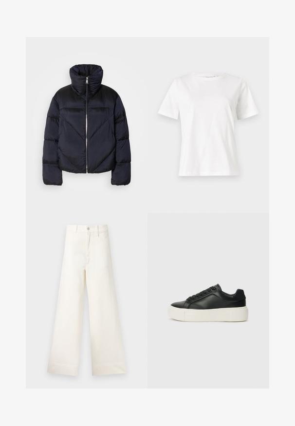 Puhumanteli tummansinisestä väristä, jossa on korkea kaulus, metallinen vetoketju ja vinot saumarivit. Valmistettu kevyestä, kiiltävästä kankaasta.; Valkoinen puuvillapaita lyhyillä hihoilla, pyöreällä kaula-aukolla ja rentolla istuvuudella. Sujuva rakenne, ei kuvioita tai yksityiskohtia, minimalistinen muotoilu.; Suorat lahkeet vaaleasta beige puuvillasta. Korkea vyötärö, etutaskut ja suora leikkaus. Siisti helman viimeistely ilman kuvioita.; Musta nahkakengät pyöreällä nenällä, valkoisella alustalla ja mustilla nauhoilla. Takana on huomaamaton logo ja pinta on sileä.