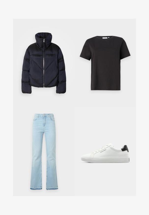 Puffervest i mørk navy med høj krave, prydet med en metallisk lynlås og skrå sømdetaljer. Lavet af let, skinnende stof.; Sort bomulds T-shirt med korte ærmer, rund halsudskæring og et enkelt, rent design. Ingen synlige mønstre eller udsmykninger.; Lyseblå flagrende jeans lavet af denim, med høj talje, forlommer og rå kant ved sømmene for et afslappet look.; Hvid sneakers med en glat overflade, sort hælaccent og snørebåndsdesign. Har "Calvin Klein" branding på siden. Minimalistisk stil.