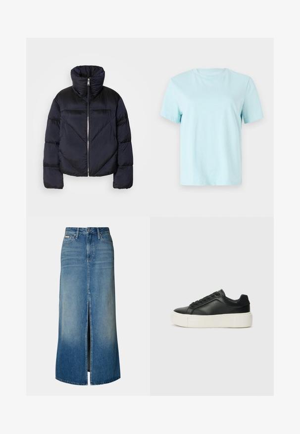 Pufasta jakna u tamnom mornarskom plavom s visokim okovratnikom, sa metalnim zatvaračem i dijagonalnim šavovima. Izrađena od lagane, sjajne tkanine.; Svijetloplavi pamukasti majica s kratkim rukavima, okruglim izrezom i suptilnim izvezenim logotipom 'Calvin Klein' na prednjoj strani.; Svijetloplava maxi suknja od denima s prednjim otvorom, petljama za remen, tradicionalnim dizajnom s pet džepova i izbljeđenim efektom.; Crne kožne tenisice sa zaobljenim vrhom, bijelom platformom i crnim vezicama. Imaju suptilan logo na peti i glatku teksturu.