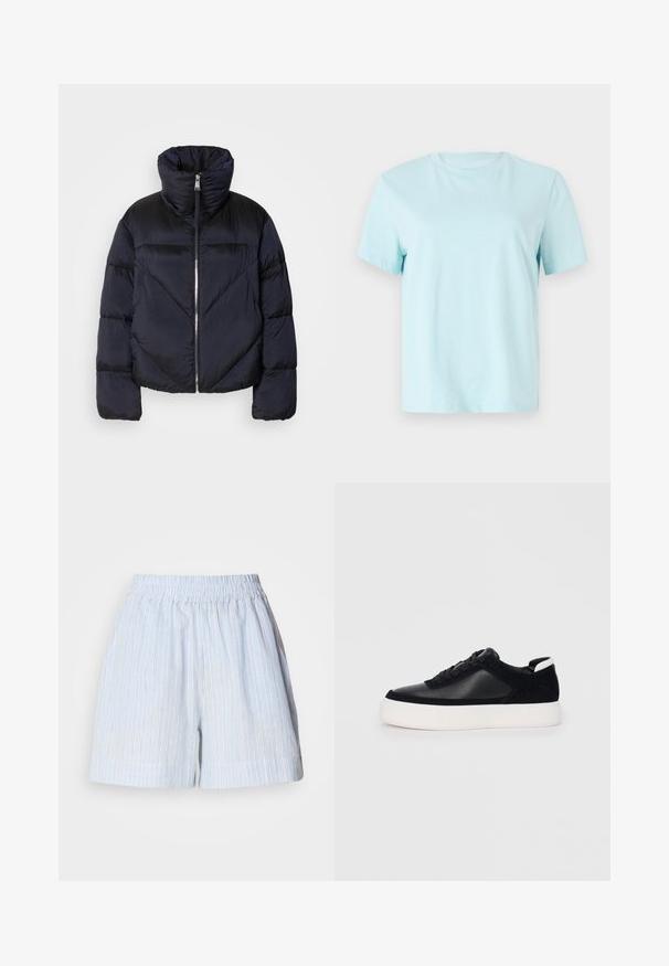 Puffermantel in dunkelblau mit hohem Kragen, ausgestattet mit einem glänzenden Reißverschluss und diagonalen Nahtdetails. Hergestellt aus leichtem, glänzendem Stoff.; Hellblaues Baumwoll-T-Shirt mit kurzen Ärmeln, einem Rundhalsausschnitt und dezentem, auf der Vorderseite eingesticktem 'Calvin Klein'-Logo.; Helle blaue Shorts mit vertikalen weißen und dunkelblauen Streifen. Verfügt über einen elastischen Bund und eine lockere Passform. Hergestellt aus einem weichen Material.; Schwarze Sneakers mit glattem Leder und Wildleder-Einsätzen, flachen Schnürsenkeln, runder Zehenpartie und einer weißen Gummisohle. Deutliches Logo an der Ferse.