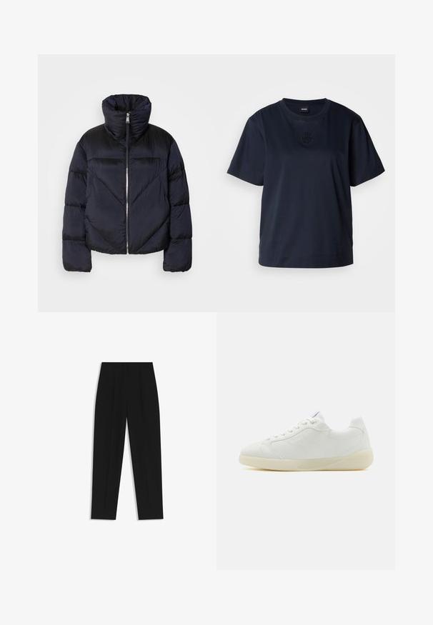 Puhumanteli tummansinisestä väristä, jossa on korkea kaulus, metallinen vetoketju ja vinot saumarivit. Valmistettu kevyestä, kiiltävästä kankaasta.; T-paita tummansinisestä pehmeästä puuvillasta, lyhyet hihat. Pyöristetty pääntie ja hillitty brodeerattu logo rinnassa.; Mustat housut suoran istuvuuden kanssa, joissa on kaksinkertaiset laskokset, sileä pinta ja klassinen vyötärönauhan muotoilu. Ei näkyviä metalliosia tai koristeita.; HUGO RIVEN - Matalavartiset tennarit - white