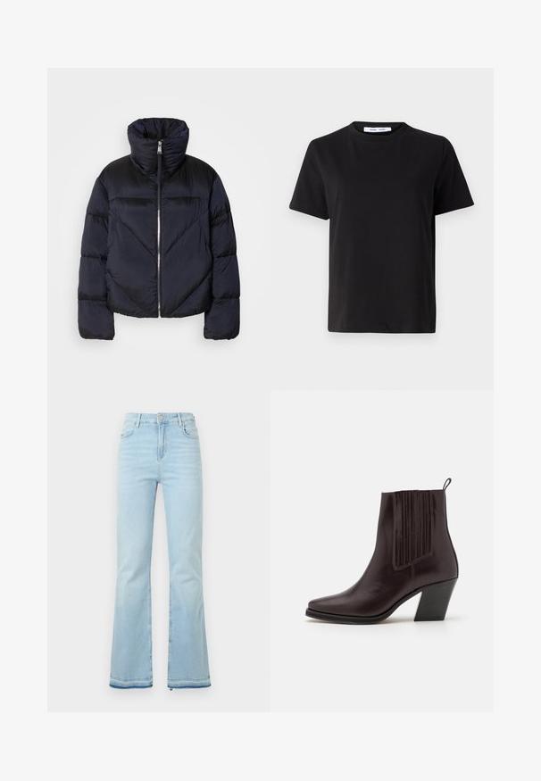 Tumši jūraszila pūkainā jaka ar augstu apkakli, ar metāla rāvējslēdzēju un diagonālām šuvēm. Izgatavota no viegla, spīdīga auduma.; Melna īsām piedurknēm T-kreklu, kas izgatavots no mīksta kokvilnas, ar apļveida kakla izgriezumu, brīvu piegriezumu un gludu tekstūru. Nav redzamu rakstu vai grafikas.; Gai zilgani zvīles, kas izgatavotas no džinsa, ar augstu vidukli, priekšējām kabatām un neapstrādātu apakšmalu, nodrošinot ikdienišķu izskatu.; Tumši brūni ādas potīšu zābaki ar smailu purngalu, vertikālu rievojumu detaļām sānos un vidēja augstuma bloku papēdi.