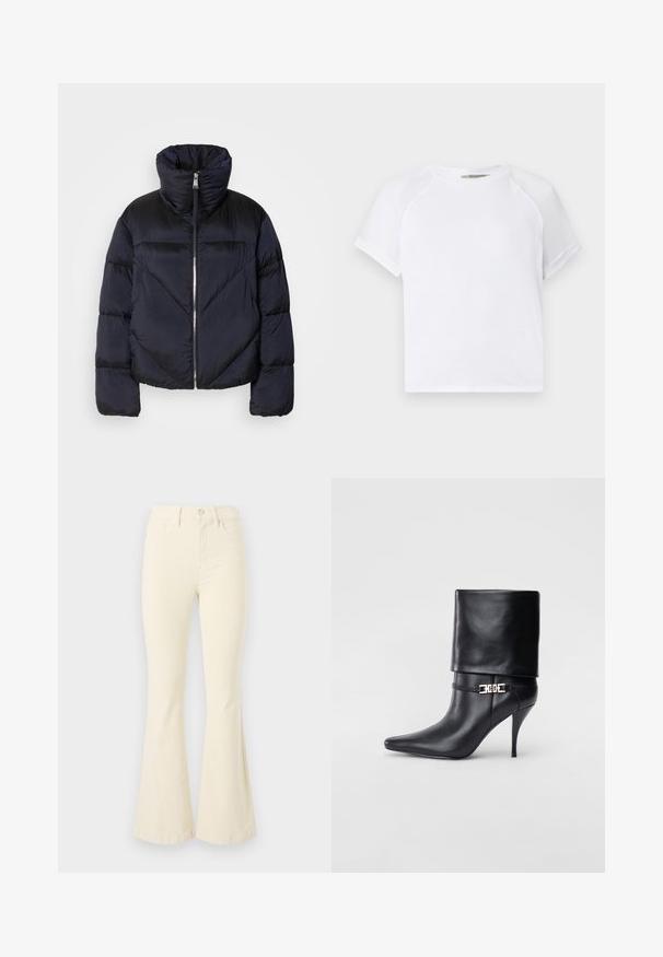 Tumedast meresinine puhvärk jacket kõrge kaelusega, millel on metalne tõmblukk ja diagonaalsed õmblused. Valmistatud kergest ja läikivast kangast.; Valge puuvillane T-särk ümmarguse kaelusega, lühiõlgadega ja mõõduka lõikega. Sile tekstuur ilma nähtavate mustrite või aktsentideta.; Kreemikad laiad teksad, mis on valmistatud puuvillast, kõrge vöökoha, nööbindega ja puhaste joontega ilma nähtavate mustrite või aktsentideta.; Mustad nahast pahkluu saapad terava nina, kõrge stilettokanna, volditud äärega ja kuldse dekoratiivse pandlaga pahkluul.