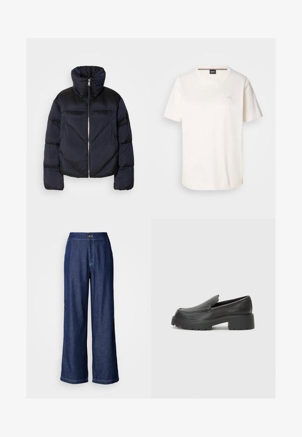 Puffer jacket in dark navy with high collar, featuring a metallic zipper and diagonal seam detailing. Made from lightweight, shiny fabric.; White cotton t-shirt with short sleeves, round neckline, and a small logo on the chest. Smooth texture and straight hemline.; Wide-leg denim pants in dark blue with a button waist closure, contrasting stitching, and a smooth texture. Tailored for a relaxed fit.; Black leather loafers with a rounded toe, thick textured sole, and minimal stitching details. Sleek design with no visible laces or hardware.