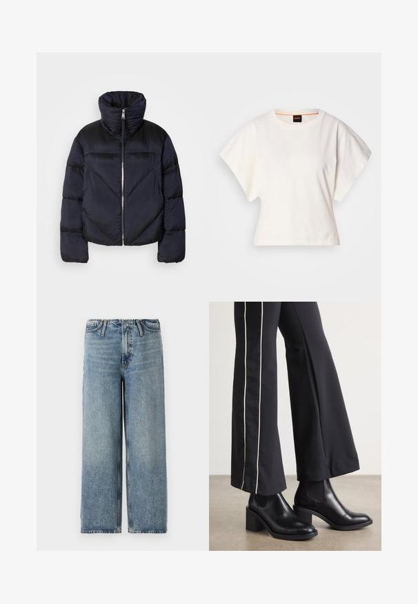 Pufová bunda v tmavej námornej farbe s vysokým golierom, vybavená kovovým zipsom a diagonálnym švom. Vyrobená z ľahkej, lesklej tkaniny.; Biely skrátený tričko, krátke široké rukávy, mäkký bavlnený materiál, okrúhly výstrih s jemným oranžovým lemovaním, minimalistický dizajn, bez vzorov alebo grafiky.; Svetlomodré široké nohavice vyrobené z denimu, s stredne vysokým pásom, klasickým dizajnom s piatimi vreckami a jemným vyblednutím po celom texte.; Čierne kožené členkové topánky s blokovým podpätkom, vybavené elastickými bočnými panelmi. Skombinované s čiernymi nohavicami, ktoré majú biely bočný pruh.