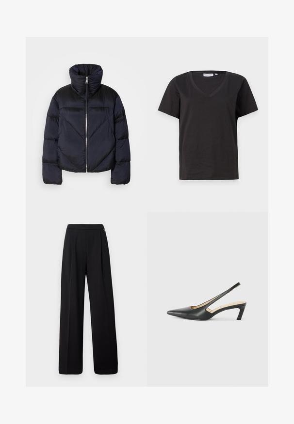 Pufasta jakna u tamnom mornarskom plavom s visokim okovratnikom, sa metalnim zatvaračem i dijagonalnim šavovima. Izrađena od lagane, sjajne tkanine.; Crni pamučni T-shirt s V-izrezom i kratkim rukavima. Jednostavan dizajn s regularnom krojem i bez uzoraka ili akcenta.; Crne široke hlače izrađene od glatkog materijala, s jednostavnim dizajnom i elastičnom gumom u struku, bez vidljivih uzoraka ili ukrasa.; Crne cipele s izduženim vrhom i remenom oko pete, s niskom petom, izrađene od glatke kože i s izrezbarenom stranom radi prozračnosti.