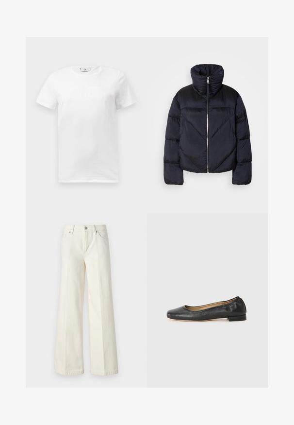 Pufová bunda v tmavej námornej farbe s vysokým golierom, vybavená kovovým zipsom a diagonálnym švom. Vyrobená z ľahkej, lesklej tkaniny.; Biela bavlnená tričko s okrúhlym výstrihom. Na prednej strane má jemný embosovaný grafický dizajn. Krátke rukávy a rovný lem.; Biele džínsy s širokými nohavicami vyrobené z bavlnenej zmesi. Majú zips, päť vreciek a švy so zafarbením.; Čierne kožené baletky s okrúhlou špičkou a minimálnym šitím. Nízky, obdĺžnikový podpätok a hladká textura. Diskrétny detail podšívky vnútri.