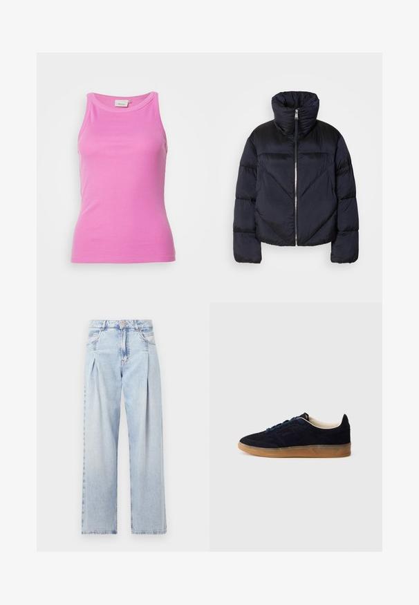 Sötét navy színű pufi dzseki magas gallérral, fém cipzárral és átlós varrásokkal. Könnyű, fényes anyagból készült.; Gestuz DREW - Felső - super pink; Világoskék farmernadrág magas derekú, bő szabású, két oldalsó zsebbel és pliszírozott dizájnnal. Puha tapintású, elhalványított felület.; Tengerészkék színű nubuk bőr sportcipő barna gumitalppal, kék fűzőkkel és minimalista dizájnnal. Az oldalán dombornyomott logóval és sima belső béléssel.