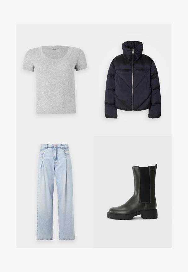 Puffervest i mørk navy med høj krave, prydet med en metallisk lynlås og skrå sømdetaljer. Lavet af let, skinnende stof.; Grå T-shirt med korteærmer og rund hals, lavet af blød, tekstureret stof. Den har et standardfit design og enkle syninger.; Lyseblå denim jeans med høj talje, bred benåbning, to sidelommer og plisseret design. Blød tekstur med et falmet finish.; Grøn læder ankelstøvle med elastiske sidepaneler, rund tå og gummisål. Har en struktureret overflade og en blokhæl.