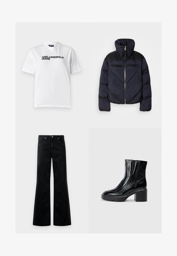 Sötét navy színű pufi dzseki magas gallérral, fém cipzárral és átlós varrásokkal. Könnyű, fényes anyagból készült.; Fehér pamut póló kerek nyakkivágással, rövid ujjakkal, és fekete nyomtatott szöveggel, amely a "KARL LAGERFELD JEANS" feliratot tartalmazza a mellkasnál.; Fekete denim széles szárú farmernadrág magas derékkal, öt zsebes dizájnnal és látható varrási részletekkel. Sima tapintású, enyhén fényes.; Fekete lakkbőr bokacsizma ívelt orral, elasztikus oldalpanelek és vastag blokk sarkal. A hátsó részen dombornyomott logó található.