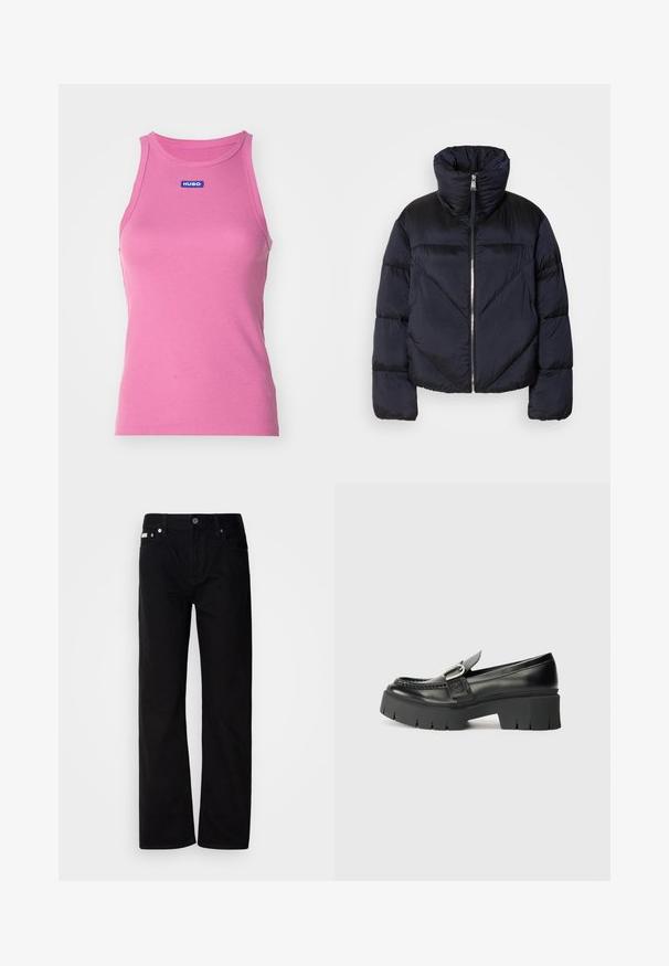 Tamsiai mėlyna pūkinė striukė su aukštu apykakle, turinti metalinę užtrauktuką ir įstrižas siūles. Pagaminta iš lengvos, blizgios medžiagos.; HUGO EASY TANK - Viršus - medium pink; Juodi džinsai tiesaus kirpimo su penkiomis kišenėmis, sidabriniais kabliukais ir mygtukų užtrauktuku. Medžiaga turi lygią, šiek tiek tekstūruotą apdailą.; Juodi odiniai loafersai su storu guminiu padu. Yra sagties akcentas ir siuvinėjimo detalės viršuje. Lygus kulnas.