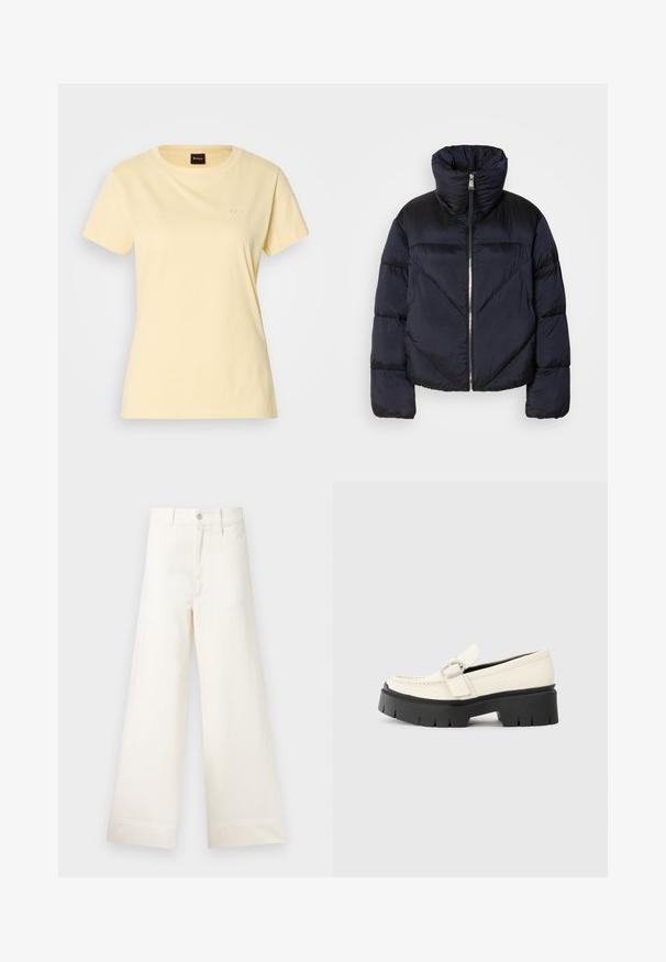 Puffjakke i mørk marineblå med høy krage, med metallglidelås og diagonale sømdetaljer. Laget av lett, glinsende stoff.; Gul kortermet t-skjorte laget av bomull med rund hals, med en liten brodert logo på brystet. Glatt tekstur, standard passform.; Vide bukser i lys beige bomull. Har høy midje, frontlommer og rett passform. Renslig søm uten mønstre.; Hvit skinnloafers med tykk svart plattformsåle, utstyrt med en rektangulær sølvspenne og synlige sømdetaljer på oversiden.