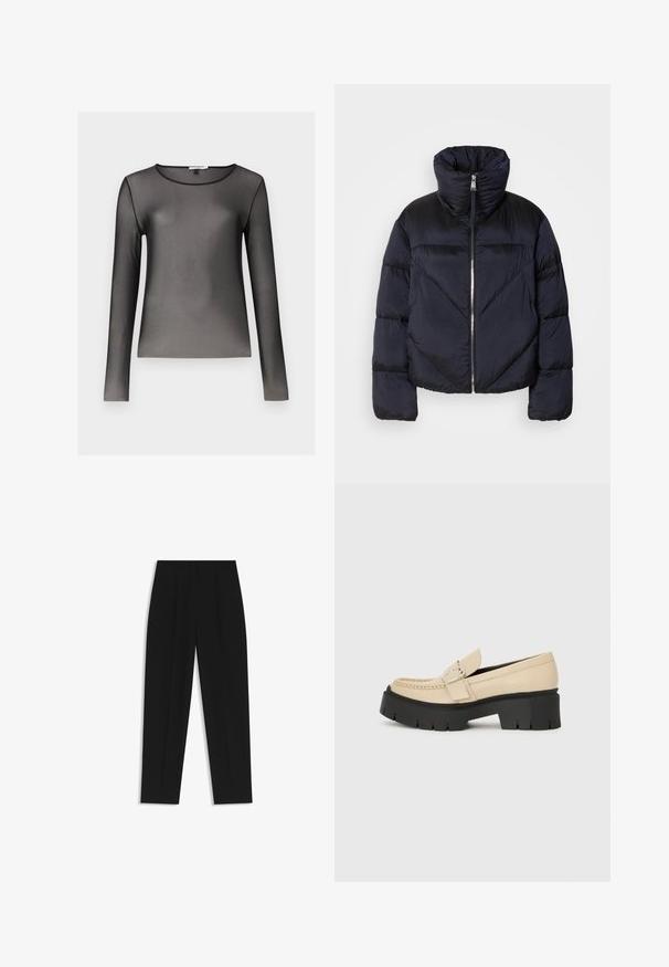 Pufferjack in donker marineblauw met hoge kraag, voorzien van een metallic rits en diagonale naaddetails. Gemaakt van een lichte, glanzende stof.; Zwarte lange mouwen top gemaakt van doorzichtig, lichtgewicht materiaal; heeft een ronde halslijn en een aangesloten silhouet. Glad oppervlak, minimale afwerking.; Zwarte broeken met een rechte pasvorm, voorzien van dubbele plooien, een zachte textuur en een klassiek taillebandontwerp. Geen zichtbare hardware of accenten.; Beige leren loafers met een zwarte chunky zool, voorzien van een decoratieve gesp en stikseldetails aan de voorkant. Zijaanzicht.