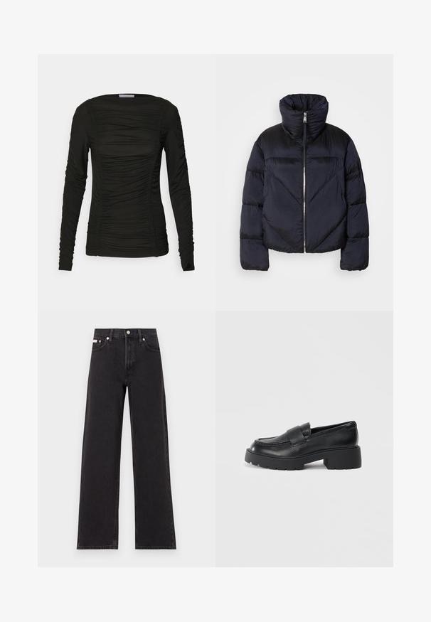 Pružná bunda v tmavě námořnické barvě s vysokým límcem, obsahující kovový zip a diagonální švy. Vyrobena z lehkého, lesklého materiálu.; Černý dlouhý rukáv top vyrobený z měkkého materiálu s nařasením vpředu a na rukávech, s kulatým výstřihem a přiléhavým střihem.; Černé široké jeansy vyrobené z denimu, s vysokým pasem, pěti kapsami a kovovým zapínáním s kontrastním prošíváním.; Černé kožené mokasíny s texturovaným povrchem, které mají obdélníkový pásek přes nárt a robustní podrážku s drážkováním.