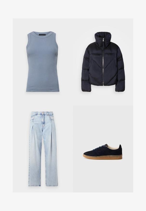 Puffjakke i mørk marineblå med høy krage, med metallglidelås og diagonale sømdetaljer. Laget av lett, glinsende stoff.; DRYKORN OLINA - Topper - blau; Lyseblå denimjeans med høy livlinje, vide ben, to sidelommer og plisserte detaljer. Myk tekstur med en falmet finish.; Navy blå semsket sneakers med såle av gummikaramell, blå lisser og minimalistisk design. Har preget logo på siden og glatt innerfôr.