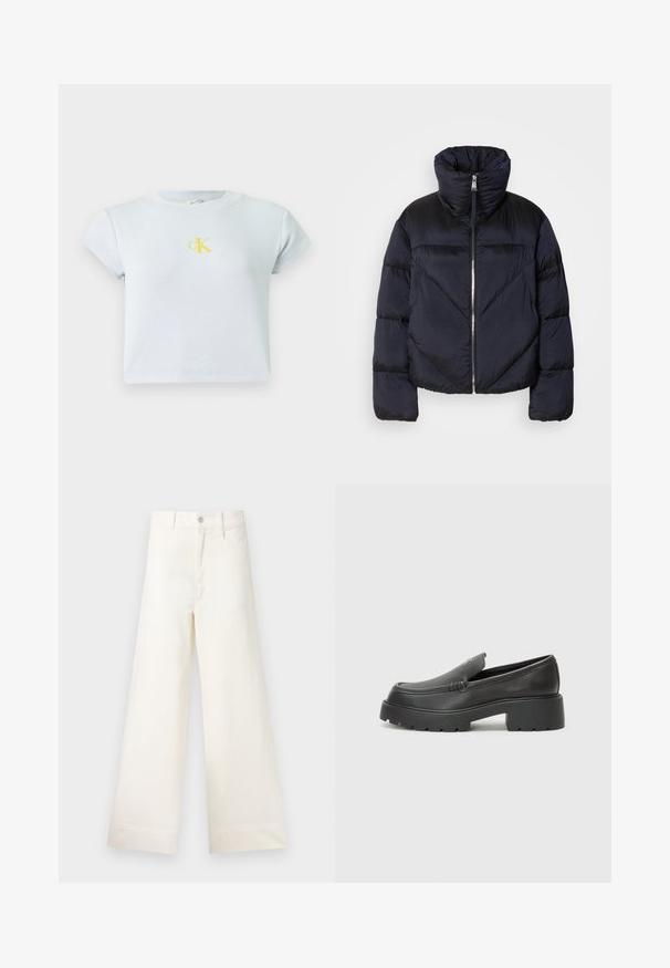 Puffer jacket in dark navy with high collar, featuring a metallic zipper and diagonal seam detailing. Made from lightweight, shiny fabric.; Light blue, ribbed short-sleeve crop top with a yellow CK logo on the chest. Simple, fitted design with a round neckline. Smooth texture.; Wide-leg trousers in light beige cotton. Features a high waist, front pockets, and a straight cut. Clean hem finishing without patterns.; Black leather loafers with a rounded toe, thick textured sole, and minimal stitching details. Sleek design with no visible laces or hardware.