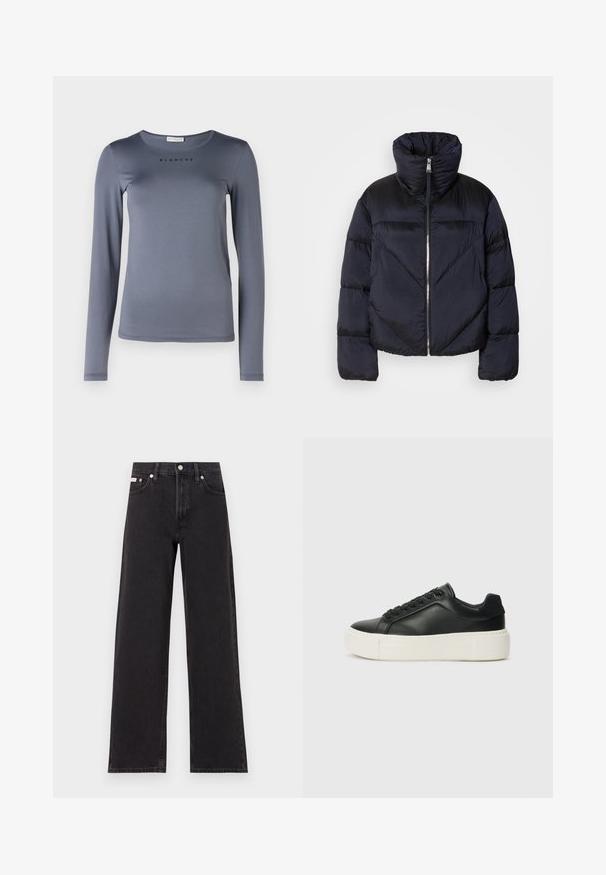 Tamsiai mėlyna pūkinė striukė su aukštu apykakle, turinti metalinę užtrauktuką ir įstrižas siūles. Pagaminta iš lengvos, blizgios medžiagos.; Ilgas rankovės pilkas marškinėlis, pagamintas iš minkštos medžiagos, su apvaliu iškirpimu ir žodžiu "BLANCHE" atspausdintu juoda spalva ant krūtinės.; Juodos plačios kojų džinsai, pagaminti iš džinsinio audinio, su aukštu liemeniu, penkių kišenių stiliumi ir metaline sagte su kontrastingo siuvimo detalėmis.; Juodas odinis sportbačių modelis su apvaliu priekiu, baltu platformos padu ir juodais raišteliais. Yra subtilus logotipas ant kulno ir glotni tekstūra.