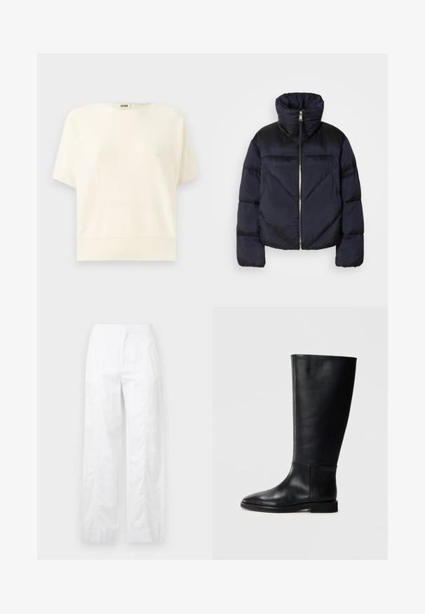Pufová bunda v tmavej námornej farbe s vysokým golierom, vybavená kovovým zipsom a diagonálnym švom. Vyrobená z ľahkej, lesklej tkaniny.; Krémový top s krátkym rukávom, uvoľnený strih, rebrovaný lem a zaoblený výstrih; vyrobený z jemného, ľahkého materiálu.; Biele široké nohavice z ľahkej látky, s hladkou textúrou, čistými líniami a vysokým pásom.; Čierna kožená čižma po kolená s okrúhlym prstom, hladkou textúrou, minimalistickým dizajnom a plochou podrážkou. Jednoduché švy na nohavici.