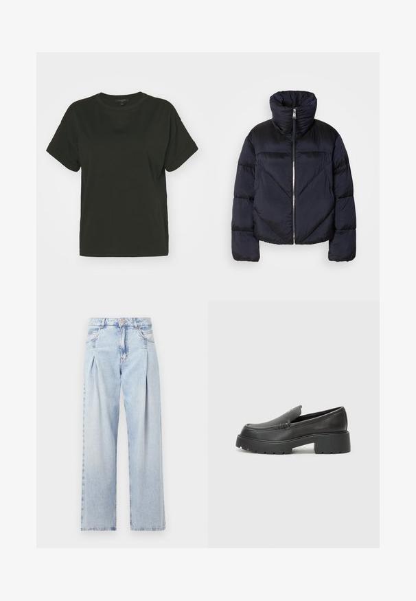 Puchowa kurtka w ciemnym granacie z wysokim kołnierzem, z metalowym zamkiem błyskawicznym i ukośnymi przeszyciami. Wykonana z lekkiego, błyszczącego materiału.; AllSaints LISA czarny; Jasnoniebieskie dżinsy z wysokim stanem, szerokimi nogawkami, dwoma bocznymi kieszeniami oraz plisowanym wzorem. Miękka tekstura z wyblakłym wykończeniem.; Czarne skórzane mokasyny z zaokrąglonym noskiem, grubą fakturowaną podeszwą oraz minimalnymi detalami szycia. Elegancki design bez widocznych sznurowadeł czy elementów metalowych.