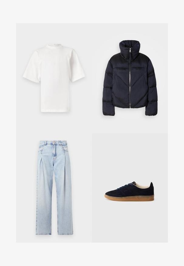 Tumedast meresinine puhvärk jacket kõrge kaelusega, millel on metalne tõmblukk ja diagonaalsed õmblused. Valmistatud kergest ja läikivast kangast.; Valge lühikeste varrukate ja kõrge kaelusega puuvillane T-särk, otse lõikega. Pole nähtavaid mustreid ega aksessuaare. Õlaõmblustes on detailid.; Heledad sinise denimist valmistatud teksapüksid kõrge vöökohaga, laia jala lõikega, kahe külje taskuga ja pleedi disainiga. Pehme tekstuur ja pleekinud viimistlus.; Tumesinised seemisnahast spordijalatsid kummist tallaga, siniste paeltega ja minimalistliku disainiga. Küljel on reljeefne logo ja sees on sile vooder.