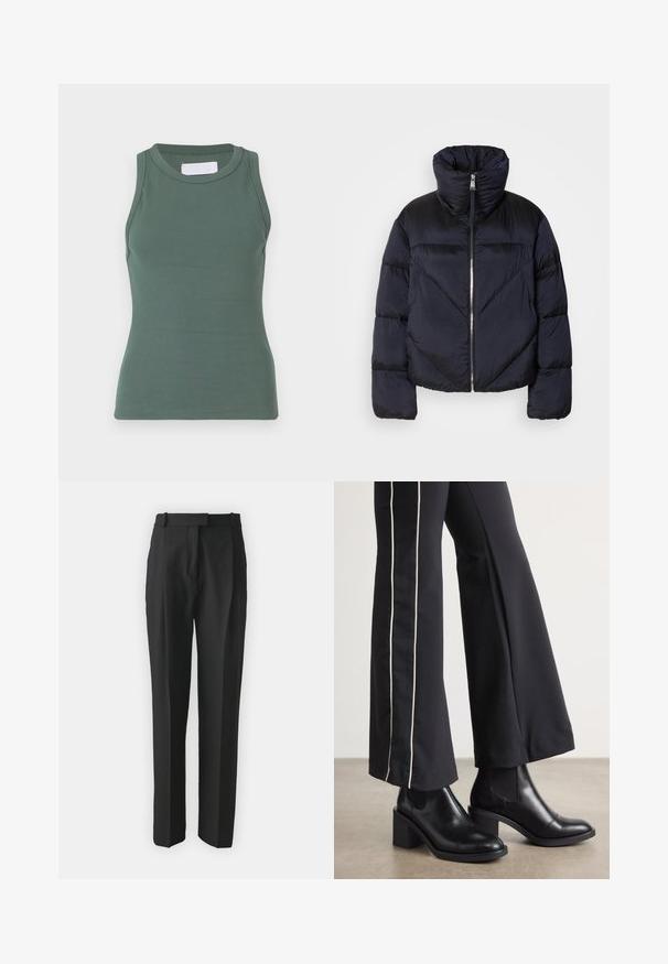 Puffer jacket in dark navy with high collar, featuring a metallic zipper and diagonal seam detailing. Made from lightweight, shiny fabric.; Green ribbed tank top with a round neckline and sleeveless design. Made from stretchy cotton material, featuring a fitted shape and smooth texture.; Black tailored trousers made from lightweight fabric, featuring a straight cut, flat front, and belt loops. Smooth texture with no visible patterns.; Black leather ankle boots with a block heel, featuring elastic side panels. Paired with black pants that have a white side stripe.