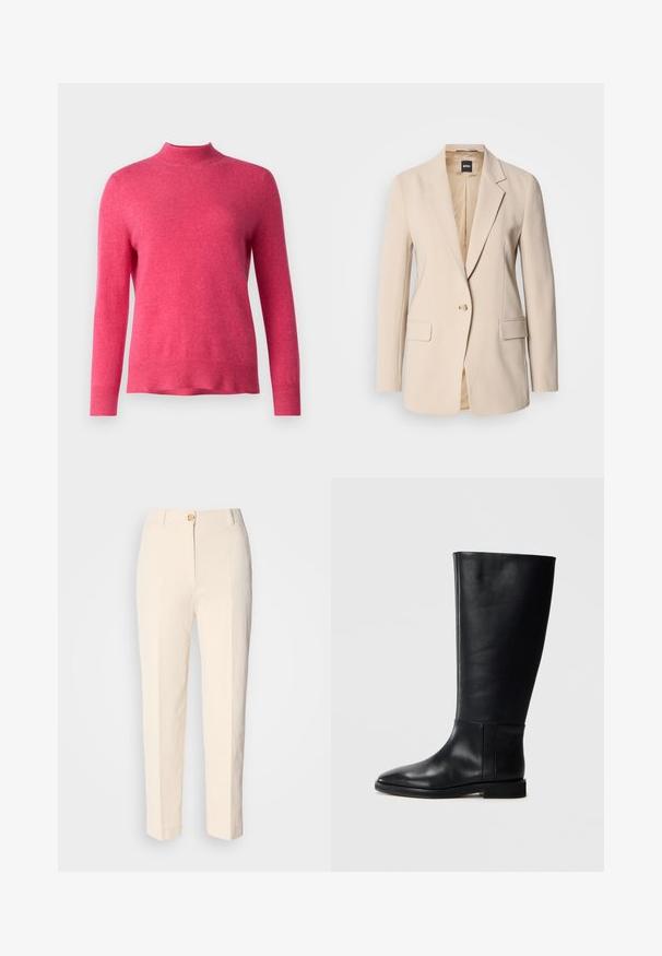 Blazer beige realizzato in tessuto liscio, con chiusura a un bottone, due tasche frontali e design con rever a punta. Interno color sabbia.; pure cashmere MOCKNECK - Maglione - strawberry; Pantaloni color crema a vita alta realizzati in un tessuto testurizzato. Presentano una chiusura frontale con bottone e gambe affusolate.; Stivale in pelle nera al ginocchio con punta arrotondata, texture liscia, design minimalista e suola piatta. Dettagli di cucitura semplici sulla gamba.