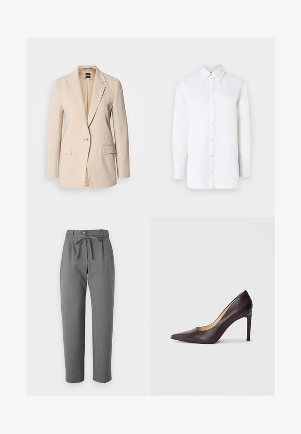 Blazer bege feito de tecido suave, com um fecho de um único botão, dois bolsos frontais e um design de lapela entalhada. O interior é em tom de bege.; Camisa de linho branca com colarinho pontudo, mangas longas e fechos de botão. Apresenta um corte descontraído e uma textura suave.; Calças cinzas em corte afunilado, feitas de um tecido suave, apresentando um fecho de botão e um cinto atado na cintura. Sem bolsos visíveis.; Sapato de salto alto de bico fino em couro castanho escuro com um salto stiletto esguio, exibido de lado sobre um fundo branco.