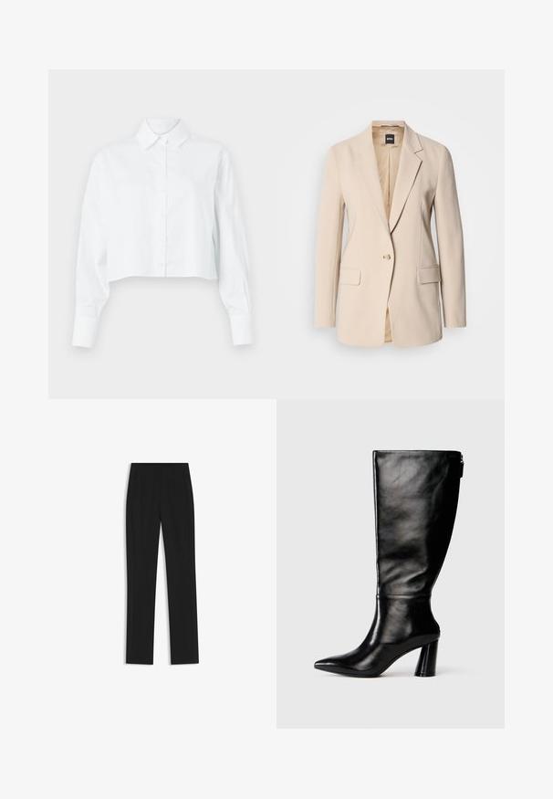 Beige blazer made of smooth fabric, featuring a single button closure, two front pockets, and a notched lapel design. Interior is tan.; White cropped button-up shirt with long sleeves, a classic collar, and a smooth texture. Features front button closure and tailored fit.; Black tailored trousers with a straight-leg design, featuring front pockets and a smooth, textured fabric. Neat, minimal detailing.; Knee-high black leather boot with a pointed toe, smooth texture, and a chunky heel. Features a zipper detail at the back.