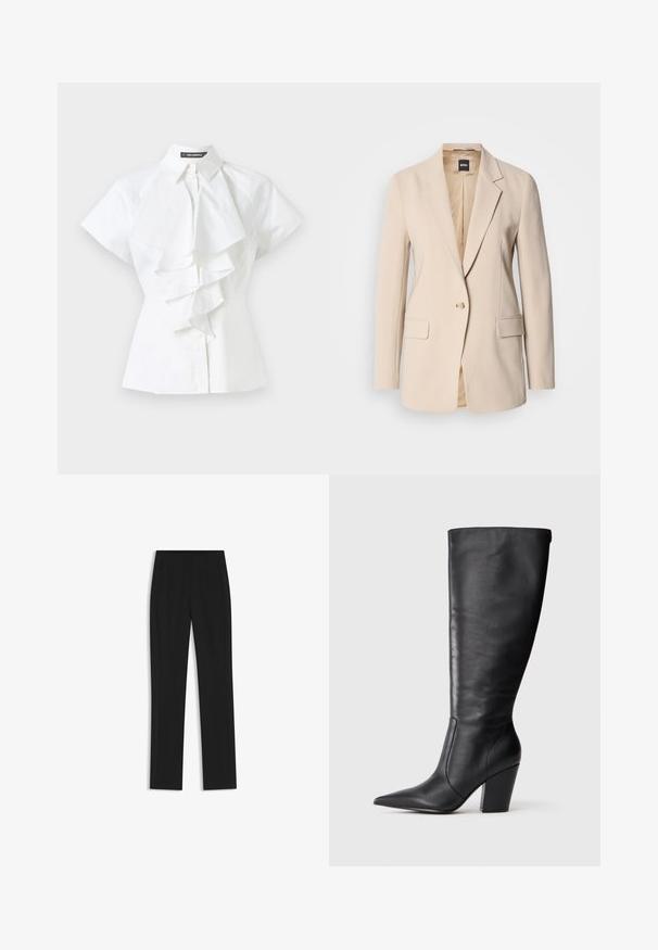 Blazer beige realizzato in tessuto liscio, con chiusura a un bottone, due tasche frontali e design con rever a punta. Interno color sabbia.; Blusa bianca con collo alla coreana e maniche corte. Dettagli arricciati lungo il centro, realizzata in morbido tessuto di cotone.; Pantaloni neri su misura con un design a gamba dritta, dotati di tasche frontali e un tessuto liscio e strutturato. Dettagli ordinati e minimalisti.; Stivale in pelle nera al ginocchio con punta affilata e tacco alto spesso, mostrato in profilo laterale sinistro su sfondo bianco.