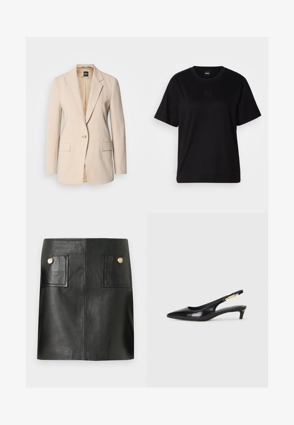 Smėlinis švarkas, pagamintas iš lygaus audinio, turintis vieną mygtuką, dvi priekines kišenes ir iškirptę su notch dizainu. Vidus smėlio spalvos.; Juodas medvilninis marškinėliai su apvalia iškirpte, trumpomis rankovėmis ir siuvinėjimu ant krūtinės. Paprastas, laisvas siluetas be raštų.; Juodos odos mini sijonas su priekinėmis kišenėmis, kiekviena pritvirtinta vienu apvaliu auksiniu mygtuku.; Juodas odinis pavasario batelių modelis su smailiu nosiu, turintis siaurą kulniuką ir auksinės spalvos akcentu reguliuojamoje juostoje. Lygi tekstūra.