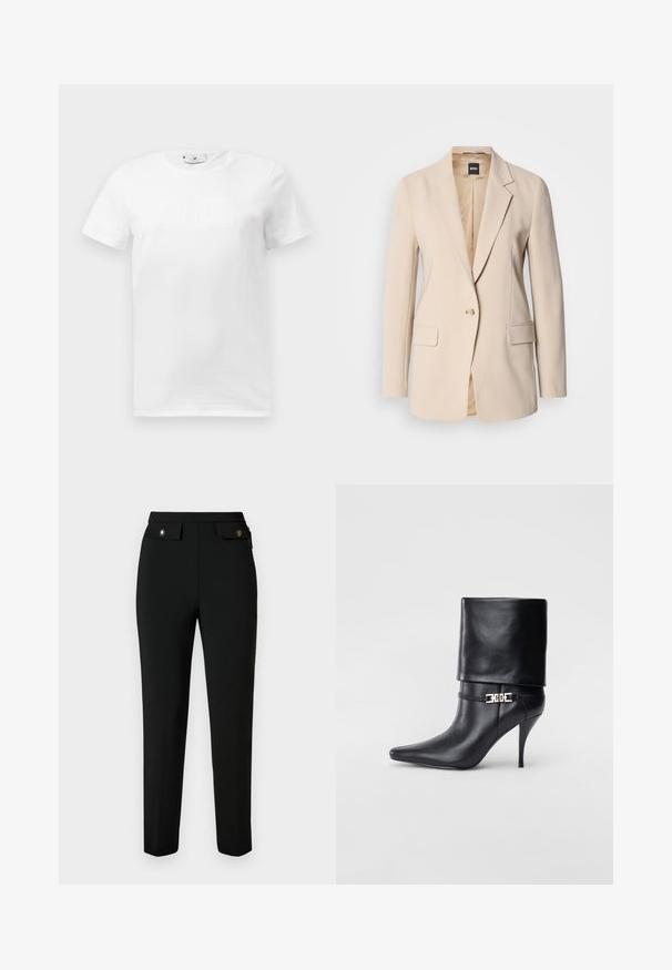 Beige blazer lavet af glat stof, med en enkelt knaplukning, to forlommer og et spidst reversdesign. Indvendigt er det lysebrunt.; Hvid bomulds t-shirt med rund halsudskæring. Har et diskret præget grafisk design på forsiden. Korte ærmer og lige kant.; Sort skræddersyede bukser lavet af glat stof, med en lige pasform, to forlommer med klapper og detaljer i guldfarvet metal.; Sort læder ankelstøvle med spids tå, høj stiletto hæl, fold-over manchet og en guld dekoreret spænde detalje på anklen.