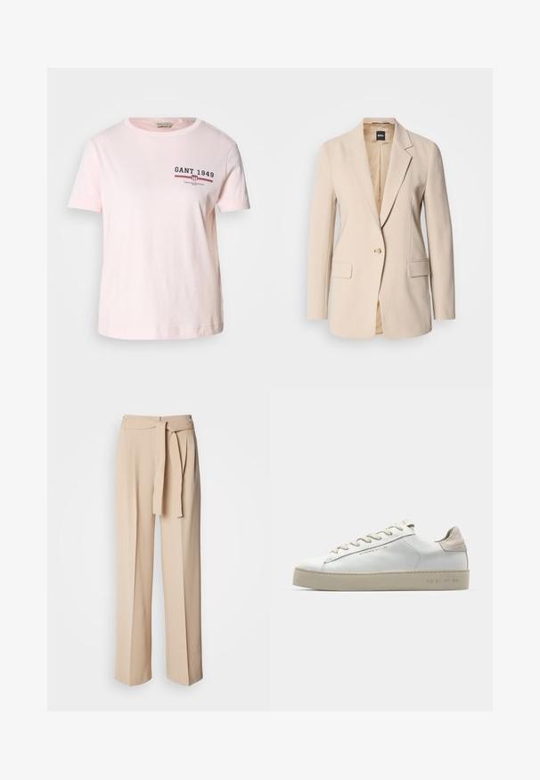 Beiger Blazer aus glattem Stoff, mit einem knöpfbaren Einreiher, zwei Fronttaschen und einem Reverskragen-Design. Das Innenfutter ist beige.; Rosa Baumwoll-T-Shirt mit rundem Halsausschnitt. Verfügt über das Logo "GANT 1949" in Marineblau und Rot auf der Brust, kurze Ärmel und einen geraden Saum.; Beige hochgeschnittene Hose mit Bindegürtel, weiter Beinform, glattes Material und weiche Textur. Mit Falten an der Vorderseite.; Weiße Leder-Sneaker mit glatter Oberfläche, beigen Wildleder-Akzenten, runder Zehenpartie, flachem Schnürdesign und einer strukturierten Gummisohle.
