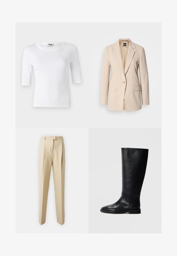 Blazer beige hecho de tela suave, con cierre de un solo botón, dos bolsillos frontales y un diseño de solapa muesca. El interior es de color beige claro.; Camiseta blanca de canalé con escote redondo y mangas de longitud hasta el codo. Fabricada con un material suave de textura lisa. Etiqueta visible en el escote.; Pantalones beige ajustados con corte recto, con pliegues, cinturilla y una textura suave. Sin bolsillos visibles ni adornos.; Bota alta de cuero negro hasta la rodilla con punta redonda, textura suave, diseño minimalista y suela plana. Detalles de costura simples en el caña.