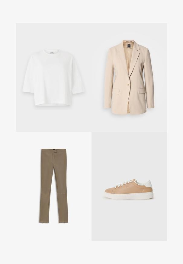 Beiger Blazer aus glattem Stoff, mit einem knöpfbaren Einreiher, zwei Fronttaschen und einem Reverskragen-Design. Das Innenfutter ist beige.; Weißes, kurzes T-Shirt mit rundem Ausschnitt und kurzen Ärmeln, aus weicher Baumwolle gefertigt. Einfaches Design, ohne Muster oder Verzierungen.; Beige dehnbare Hosen mit Slim Fit, ausgestattet mit einer glatten Textur, Reißverschlussdetails an den Knöcheln und einem mittelhohen Bund.; Beige Leder-Sneaker mit weißen Akzenten, runder Zehenpartie, flacher Sohle und kontrastierenden Stitching-Details. Schnürverschluss mit sechs Ösen.